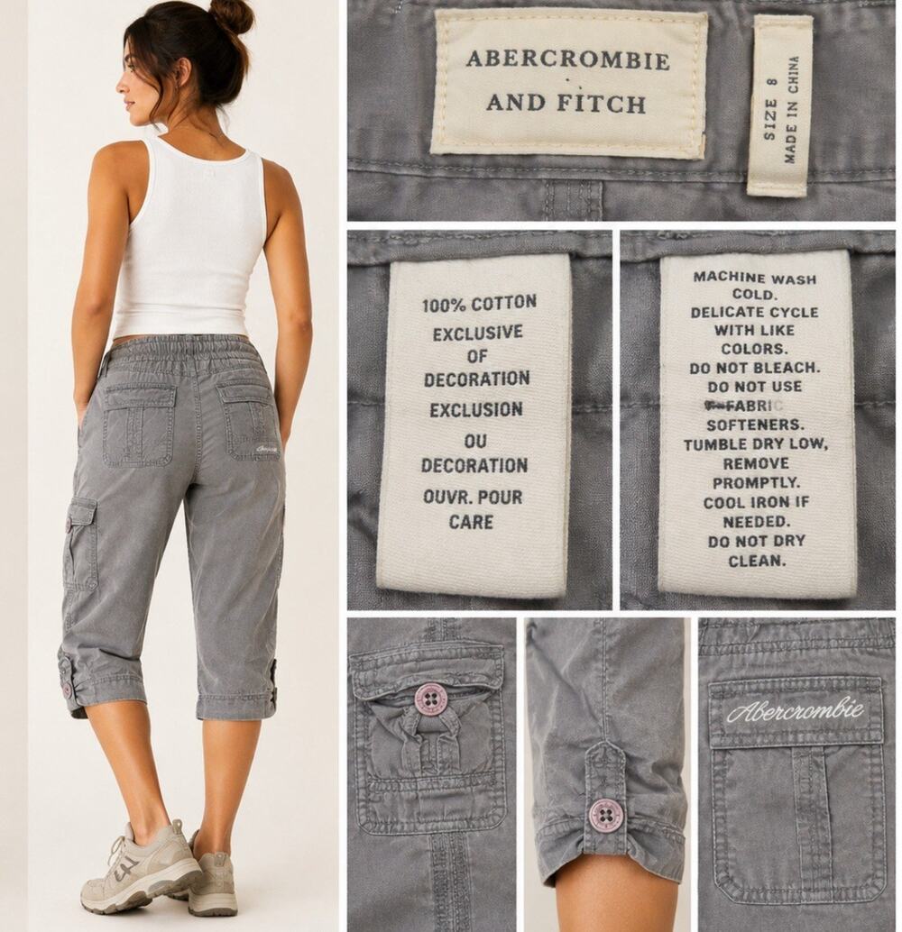 Y2K Abercrombie and Fitch Women's Cargo Capri Pants Size 8 Gray Cotton
